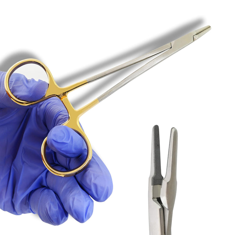 [Australia - AusPower] - 5" T/C Micro Ryder Needle Holder Driver with Tungsten Carbide Inserts Cross Serrated Jaws Straight Tip with Locking Mechanism and Gold Rings - Premium Grade Instrument 