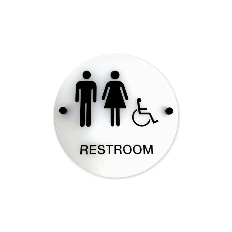 Frosted Designer ADA Unisex Restroom Sign / 9" Round Gender Neutral Bathroom Sign With Braille And Handicap Symbol/Chic Translucent Sign With Stand Off Mounts/Made In The USA Frosted 9” Sign
