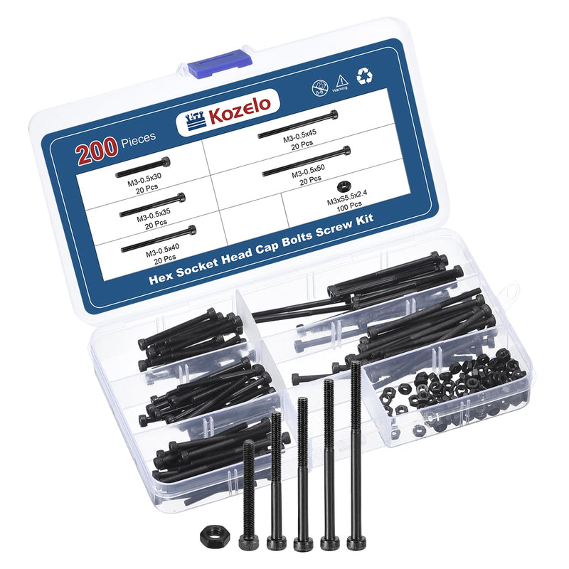 [Australia - AusPower] - 200pcs M3 Socket Head Cap Screws Bolts Nuts Assortment Kit - [M3x30/35/40/45/50mm] Alloy Steel Fully Threaded Black Oxide 12.9 Internal Hex Screw for 3D Printer Use M3x30/35/40/45/50mm 200 
