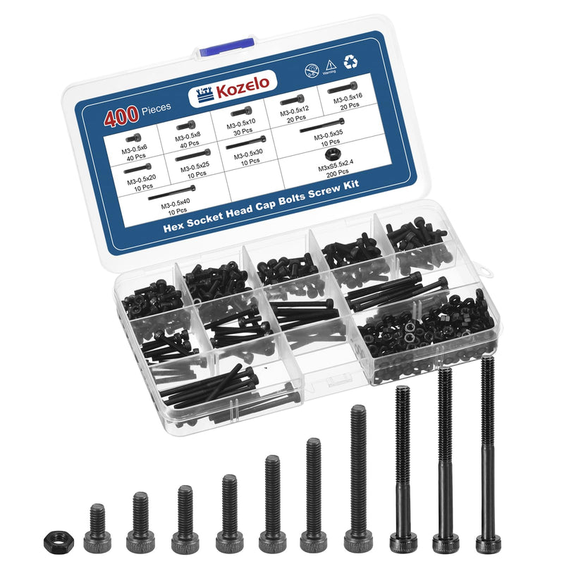 [Australia - AusPower] - 400pcs M3 Socket Head Cap Screws Bolts Nuts Assortment Kit - [M3x6/8/10/12/16/20/25/30/35/40mm] Alloy Steel Fully Threaded Black Oxide 12.9 Internal Hex Screw for 3D Printer Use M3x6/8/10/12/16/20/25/30/35/40mm 400 