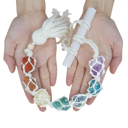 Selenite Crystal Hanging Chakra Wall Decor, Handmade Large 7 Healing Natural Stones, Spiritual Good Luck Ornament for Yoga Meditation Accessories Reiki Anxiety Relief, Gift for Women and Kids