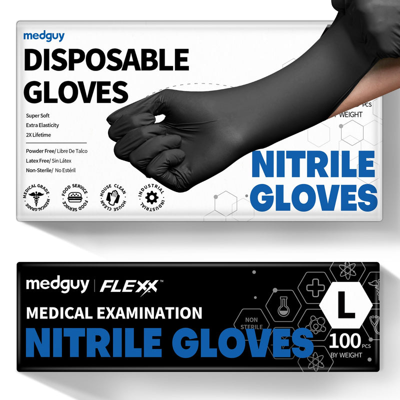 [Australia - AusPower] - Nitrile Disposable Gloves, 4.5 Mil Black Powder-Free Latex-Free Food-Safe Glove for Exam, Tattoo, Food Prep, 100 Pcs Large (Black) 