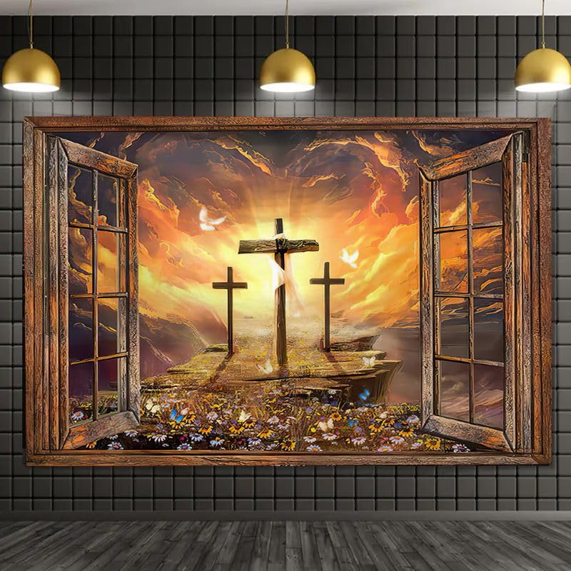 FENDROM Jesus Christ Cross Sunrise Tapestry Sunset Sepulcher Lord Pray Easter Crucifixion Religious Belief Wall Hangings Decor Large Tapestry for Bedroom Living Room Dorm College Church Man Cave 59"L x 51"W