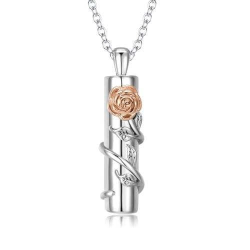 Rose Flower Urn Necklace for Ashes Stainless Steel Cylinder Ash Holder Pendant Cremation Jewelry for Ashes Rose Gold