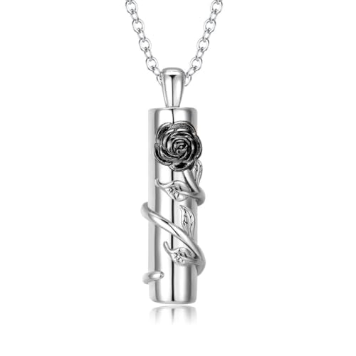 Rose Flower Urn Necklace for Ashes Stainless Steel Cylinder Ash Holder Pendant Cremation Jewelry for Ashes Black