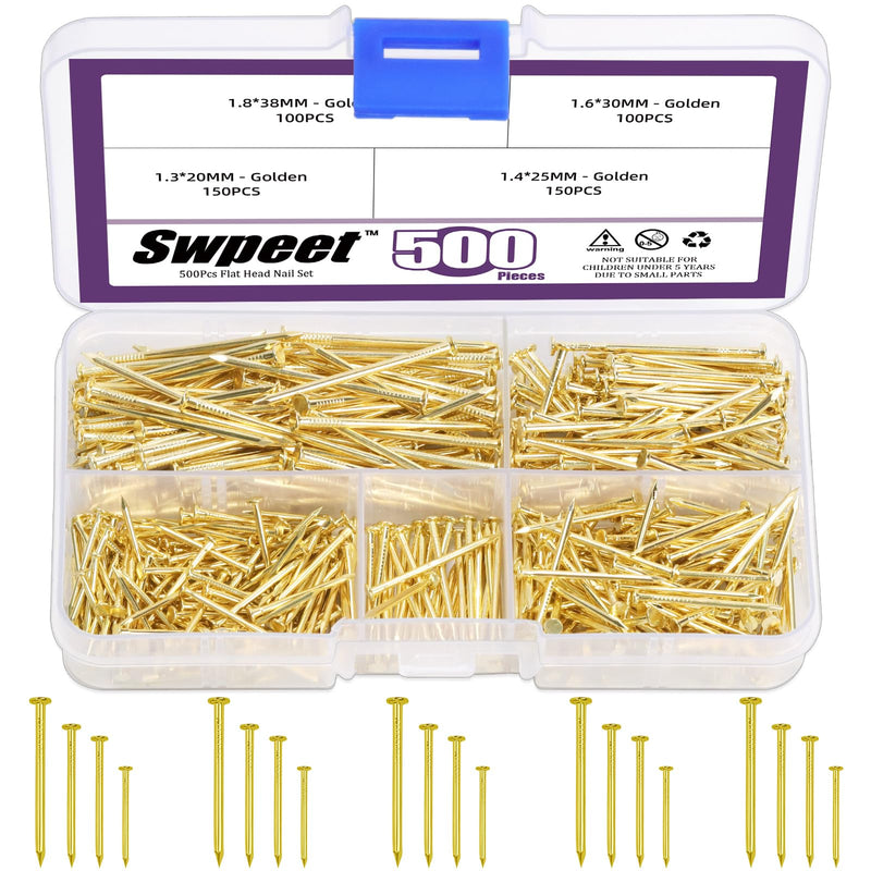 [Australia - AusPower] - Swpeet 500Pcs 4 Sizes Hardware Nails Assortment Kit, Gold Galvanized Nails, Small Nails, Pin Nails, Finishing Nails, Nails for Hanging, Wall Nails for Hanging Pictures Golden 