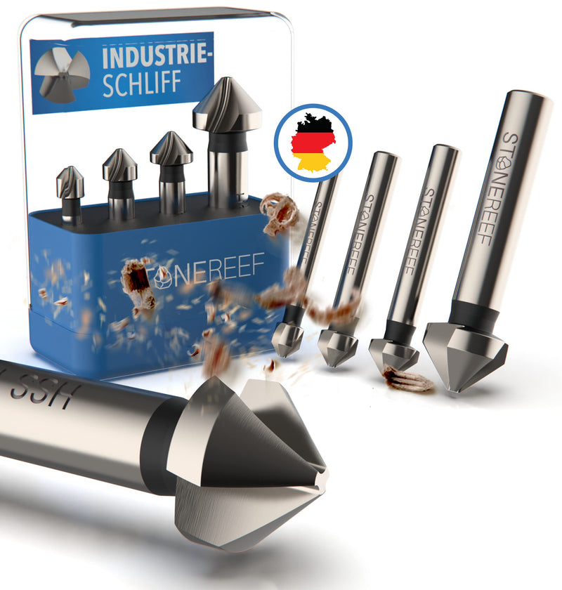 Countersink Set of 4 HSS Countersink Metal Wood Deburring with Box | 4 sizes from 6.3 to 16.5 mm cover common screw heads 6,3 + 8,3 + 10,5 + 16,5 mm