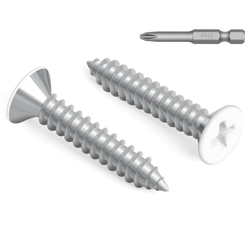 [Australia - AusPower] - 100 PCS #6 x 1 White Head Sheet Metal Screws, Flat Head Phillips Fast Self Tapping Screws, Carbon Steel Countersunk Head Wood Screws, Screwdriver Bit Included #6 x 1" 