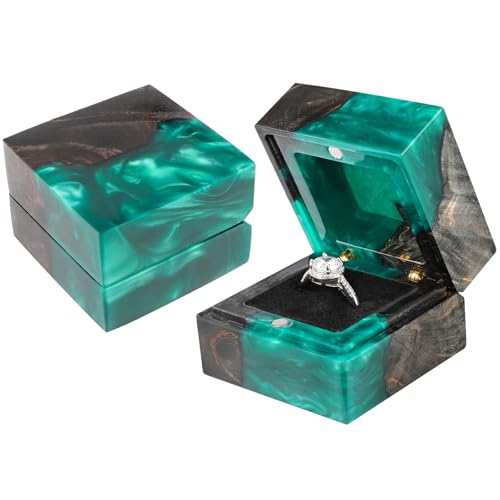 Wedding Ring Box, Engagement Ring Box with Single Slot Handcrafted Stabilized Wood and Resin Jewelry Box for Proposal Wedding Ceremony, Jewelry Organizer Elegant and Retro Ring Holder Box(Green) Black
