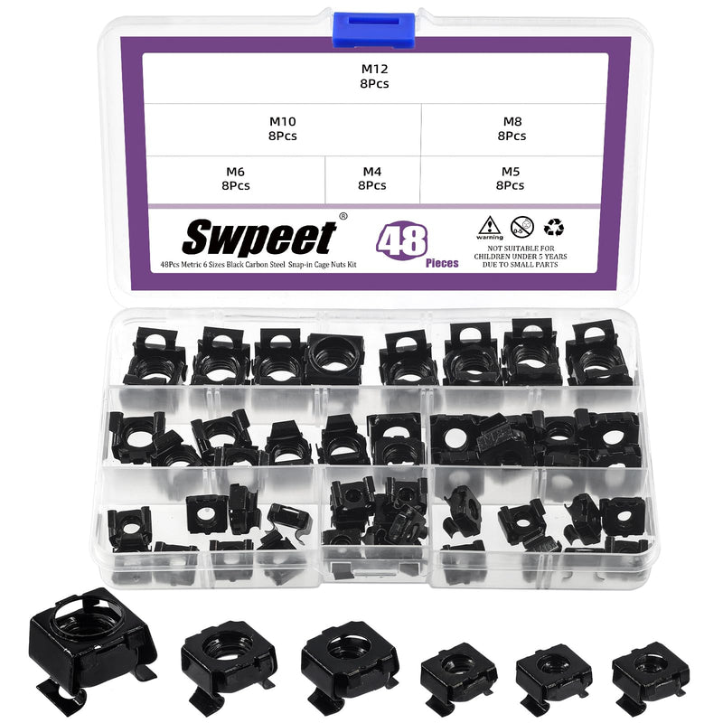 [Australia - AusPower] - Swpeet 48Pcs 6 Sizes M4 M5 M6 M8 M10 M12 Black Zinc Plated Carbon Steel Snap-in Cage Nuts, Square Cage Nut, Rack Rail Retainer Nuts, Server Shelf Cabinets Rack Mount Cage Nuts, Clip-On Computer Nuts 48 