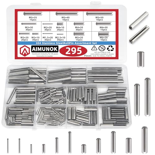 AIMUNOK 295-piece stainless steel metric roll pin assortment kit in organized storage case
