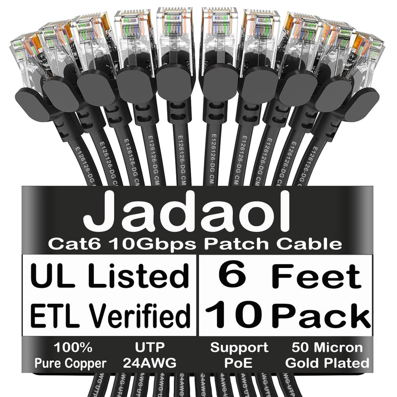 Jadaol Cat6 6ft 10 Pack Patch Cable, 10Gbps High-Speed Ethernet Patch Cables, Support Cat8/7 Network, 24AWG Pure Copper, RJ45 Gold-Plated Connectors, LAN Network Cable for Patch Panel to Switch, Black 6ft-10Pack Round
