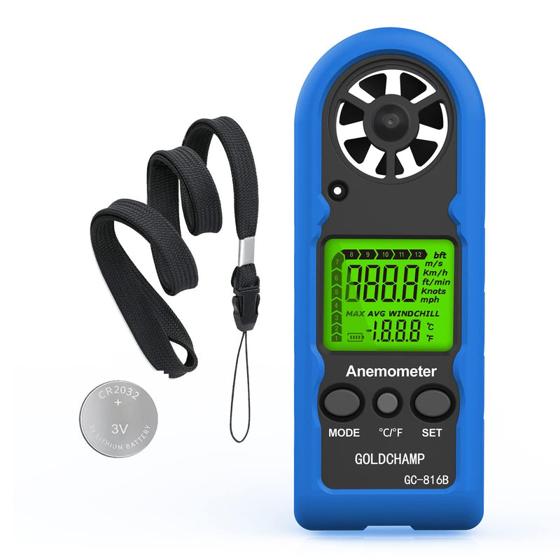 Hand Wind Gauge, Mini Digital Wind Speed Meter, Measures Temperature, Max/Average/Current, Windchill Indicator, LCD Backlight HVAC and Outdoor Activities blue