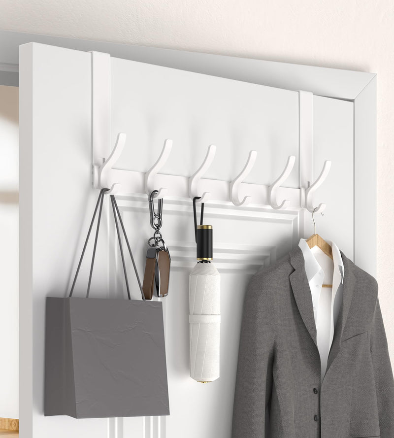 [Australia - AusPower] - KitchLife Over The Door Hooks Hanger with 7 inches Extended Arms, Tool-Free Assembly, Fits 1 3/8" Doors, F18U, Bathroom Towel Rack Organization, Thickened 6-Double Hook, Glossy White Fits 1 3/8" Doors with 7" Arms 