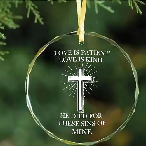 Christian Bible Glass Hanging Ornament for Car and Home Decorations | Love is Patient Love is Kind He Died for These Sins of Mine | Circle Shape 1 Round