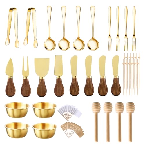 46Pcs Charcuterie Boards Accessories Small Serving Utensil Set Cheese Butter Spreader Knives Mini Stainless Steel Cutlery Tong Spoon Fork Bowl Wooden Toothpick for Kitchen Wedding Christmas Gift(Gold) 46Pcs Gold