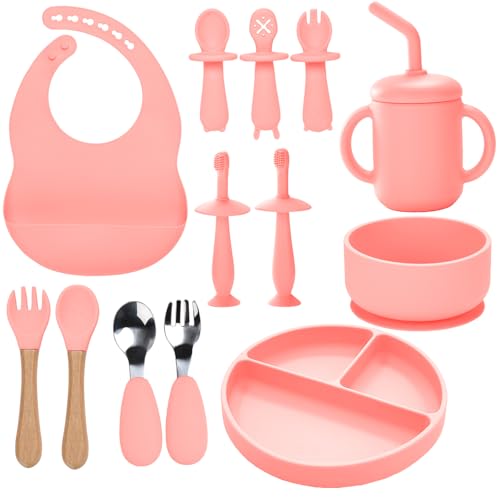 Silicone Baby Feeding Set - 13PCS Essentials With Suction Bowl, Plate, Spoons, Forks, Bib, Cup, Toothbrush - Led Weaning Supplies for 6+ Months Eating (Pink) Pink
