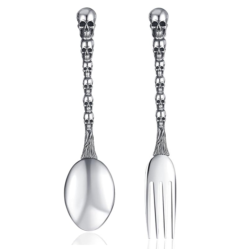 Skull Motif Serving Spoon Fork Set, Premium Stainless Steel Fork Spoon Silverware Set, Unique styles 3D Skulls, Dishwasher Safe, for Home, Kitchen, or Halloween Decorations