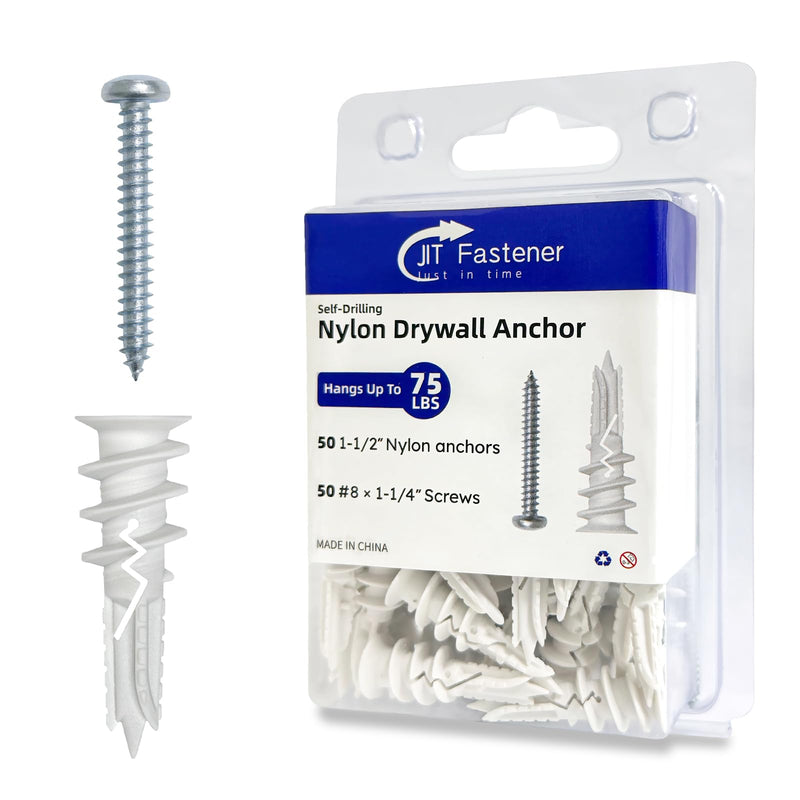 [Australia - AusPower] - #8 x 1-1/2" Self Drilling Plastic Drywall Anchors Screws (50 Anchors+50 Screws), No Pre Drill Hole Required, Hold Up to 75 Lbs Nylon-50pcs 