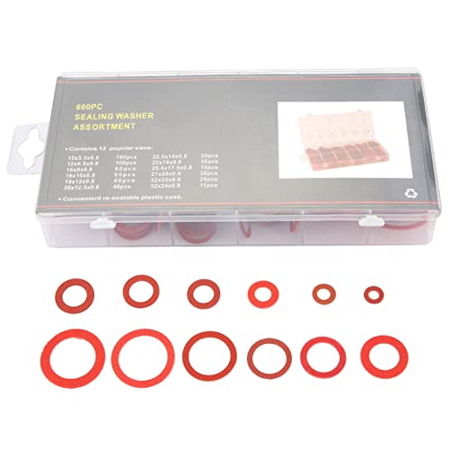 600pcs 12 Sizes Red Steel Paper Fiber Flat Washers Kit, Insulation Washer Assorted Set with Box 600pcs