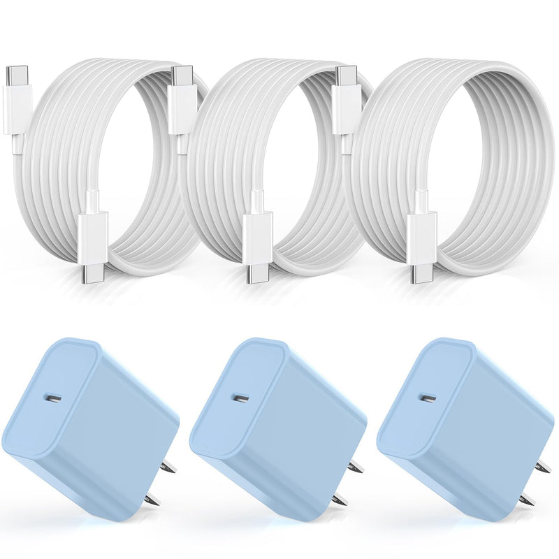 【Apple MFi Certified】20W USB C Fast Charger iPhone 17 16 15 Charge Block 3Pack 6 FT TypeC Fast Charger Cable for iPhone 17/17 Pro/17 ProMax/iPhone 16/16 ProMax/15 Plus All USB C Charging Devices(Blue) Blue