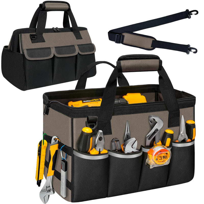 NECKORY Tool Bag, Portable Tool Box Organizer Adjustable Shoulder Strap, Carry Tool Tote Heavy Duty Tool Storage Bag With Wide Mouth,Tool Bags for Men Mechanic EngineerGift - L, Coffee & Black