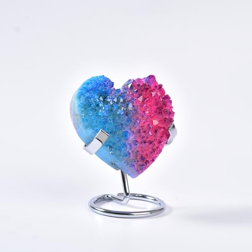 JIC Gem Red Blue Titanium Coated Large Heart Crystal Cluster Geode Healing Crystals Heart Shaped Rocks with Crystal Display Stand Home Decor Reiki Meditation 3.14-3.54 inch Bluepink