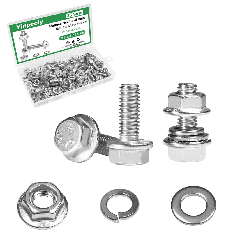 [Australia - AusPower] - Yinpecly 25 Sets M6-1.0 x 16mm Flanged Hex Head Bolts Kits, M6 Flange Hexagon Screws and Nuts,Flat & Spring Lock Washers,18-8 (304) Stainless Steel,Metric Bolt Assortment, Fully Threaded 