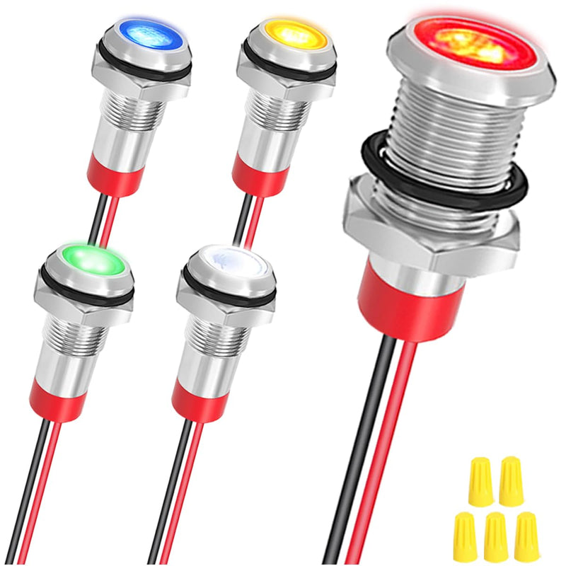 Pack of 5 Waterproof 8 mm LED Indicator Light Metal with 12-24 V DC in Red/Yellow/Blue/Green/White and 150 mm Cable Length Metal LED Indicator Light and Cable Cap for Trucks Boats