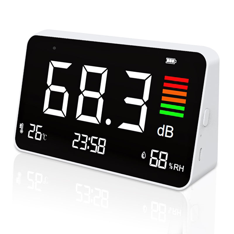 [Australia - AusPower] - 5-in-1 Decibel Meter,Digital Sound Level Meter 30-130db with LCD Display,8.5inch Noise Time Temperature Humidity Meter for Classroom, Studio, Home, Factory 