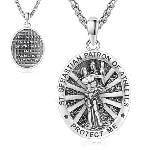 St Sebastian Medal Necklace for Men Women, 925 Sterling Silver Patron Saint Medal Necklace Catholic Protection Pendant Amulet Religious Jewelry Gifts Silver St. Sebastian