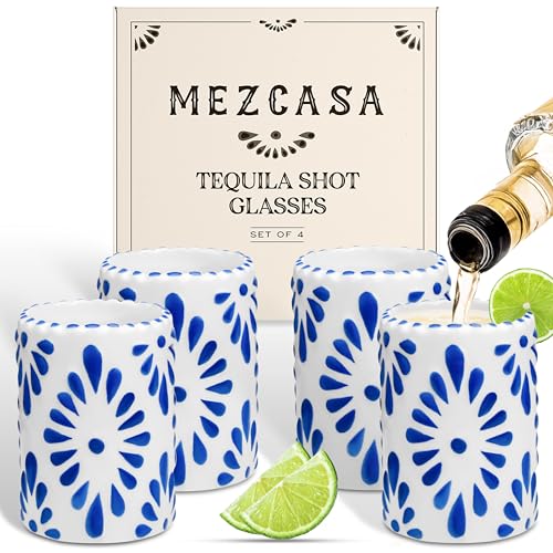 Talavera Shot Glasses — 100% Handmade Ceramic Tequila Shot Glasses with Talavera Mexican Pottery Design — Perfect Tequila Gifts for Women & Men for Any Occasion (BLUE | SET OF 4) Talavera (Blue) - Set of 4