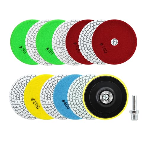 Wet Diamond Polishing Discs - 12 Pieces 100 mm Diamond Polishing Pad Grit 50 x 4/100 x 4/200 x 2/400 x 2 with M14 Support Pad + Adapter for Granite Marble Artificial Stone Quartz for Angle Grinder Set2
