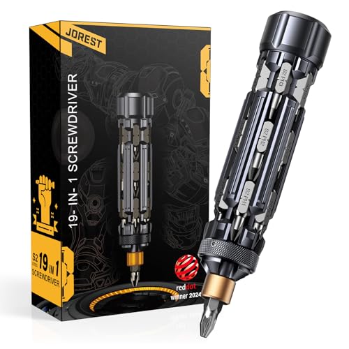 Jorest 19-in-1 multibit screwdriver in black and gold, portable tool for home repairs