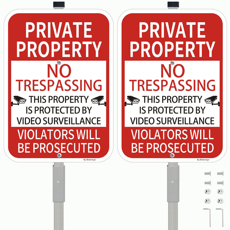 2Pack No Trespassing Private Property Sign with 36-Inch Stakes, 10x14 Inches Video Surveillance Warning Sign, Rust Free Reflective Aluminum 2 Pack with stake（Red）
