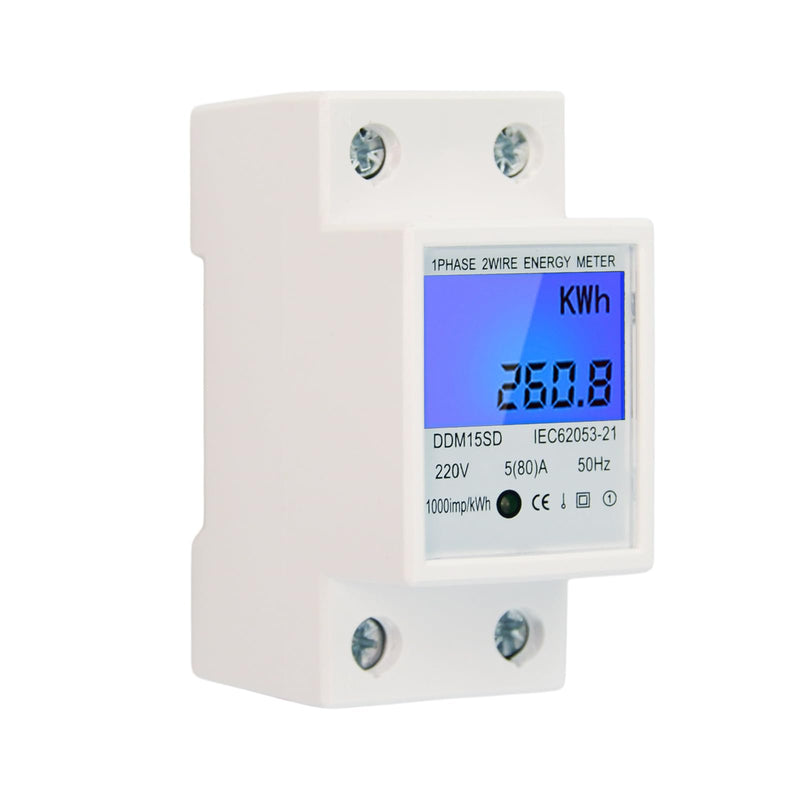 [Australia - AusPower] - Flylin Single Phase Energy Meter 5-80A DDM15SC LCD Digital Display, 2P LED DIN-Rail Electricity Power Consumption Wattmeter Energy KWh Meter Embedded End Cover, 35mm DIN Rail Installation 