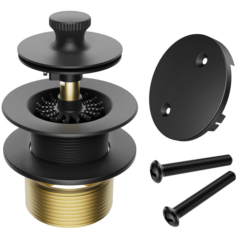 Tub Drain Stopper Bathtub Drain, Hair Catcher and Two-Hole Overflow Faceplate,11.5/16 UNC Bathtub Drain, Premium Brass Lift and Turn Twist Tub Drains Replacement Trim Kit,Tub Stopper, Matte Black