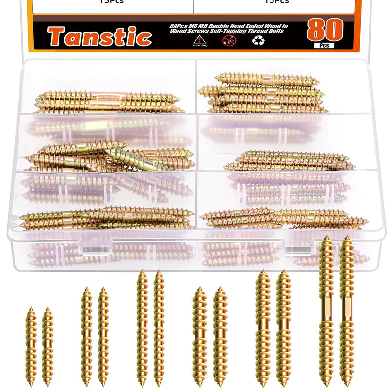 [Australia - AusPower] - Tanstic 80Pcs M6 M8 Hanger Bolts Double Ended Bolts Self-Tapping Screw Wood Dowel Screw for Wood Furniture(Color Zinc) M6, M8 Gold 