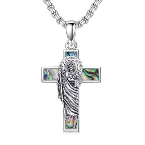 ROMANTICWORK Saint Necklace for Men 925 Sterling Silver St Medal Necklace Religious Protection Amulet Jewelry Birthday Christmas St Jude Abalone Shell