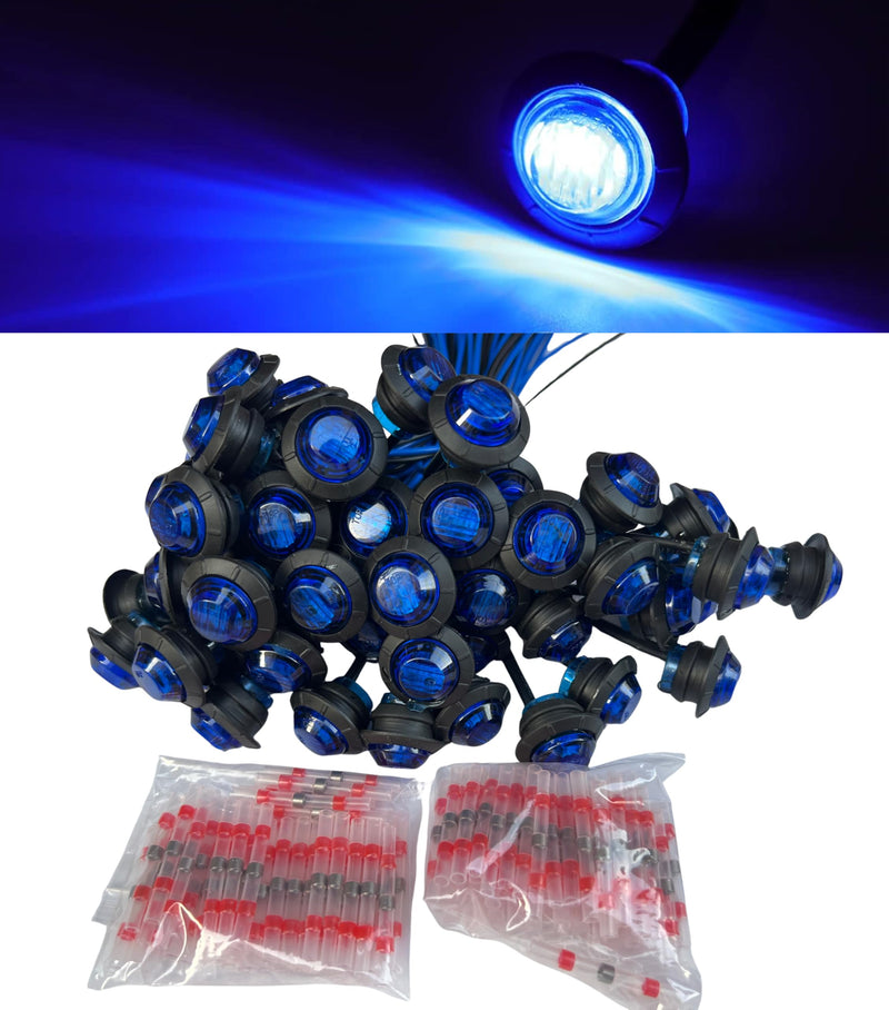 [Australia - AusPower] - 50pcs 3/4 side marker lights Blue Clearance Lamp Small Round Amber LED Side Marker Indicator Turn Signal Light Truck Trailer Bus Marine RV Automobiles Flatbed with heat shrink butt connectors 50pcs 