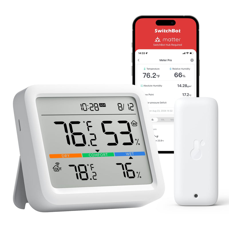 SwitchBot Meter Pro, Digital Hygrometer & Thermometer - Wireless Indoor Temperature & Humidity Monitor with Bluetooth App Control, Real-Time Alert 1 Meter Pro+Outdoor Meter
