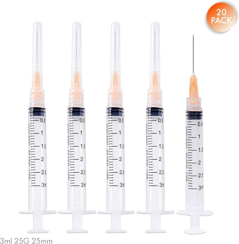 [Australia - AusPower] - 20 Pack 3ml Disposable Syringe with Needle - 25G 1 Inch Luer Lock Syringes, Individually Wrapped (25Ga 1" Needle 20Pack) 25Ga 1" Needle 20Pack 