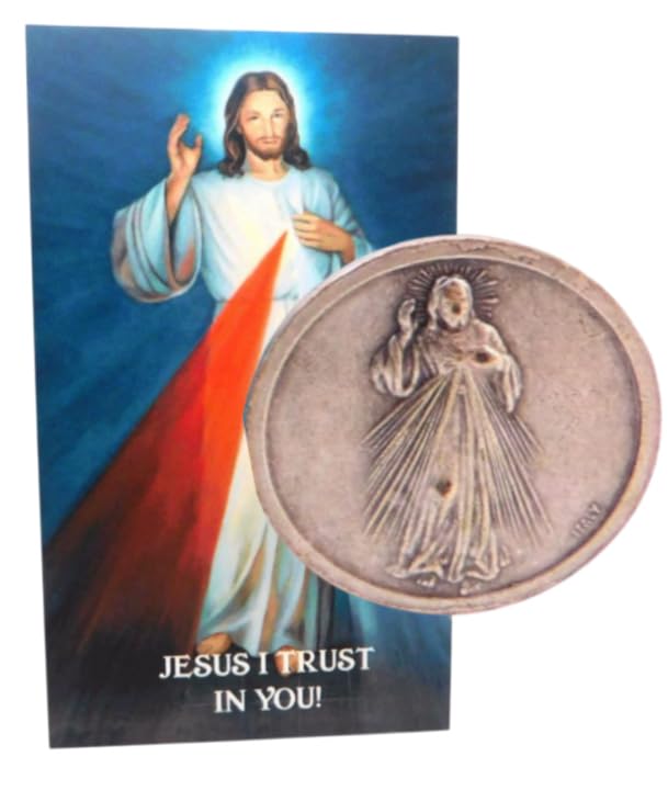 Westmon Works Divine Mercy Prayer Token Set Italian Metal Jesus Pocket Trinket and Holy Card Made in the USA