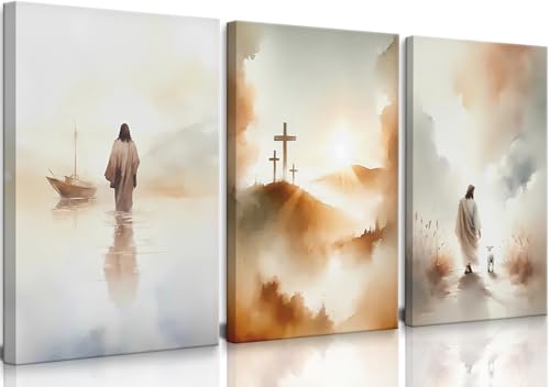 3 Pcs Framed Jesus Wall Art Jesus Walking on Water Canvas Wall Decor Leaves The 99 Sheep Pictures Prints Christian Posters for Living Room Bedroom Church Home Decorations Ready to Hang 12x16in Light Blue 12"W x 16"H