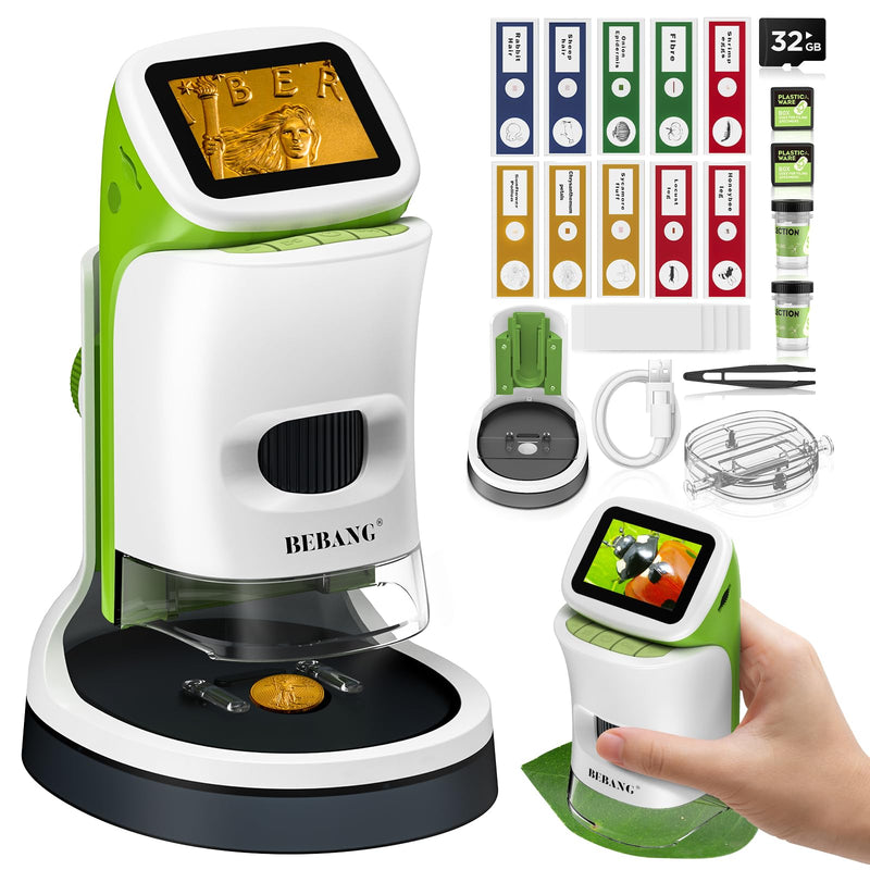 Kids Handheld Digital Microscope with Screen: STEM Science Kit Gift Toys | for Boys Girls Ages 4-12, Detachable Stand, 1000X Magnification, 4K Display, 32GB SD Card Included for Photos and Videos