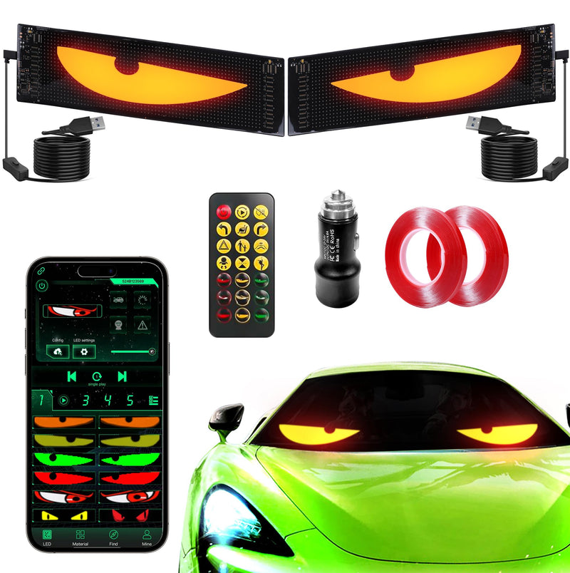 Sachie Devil's Eye 2-Pack:5800 Lux High-Brightness14 x4.3 Programmable ojos led para carro Windshield Display for Sedans, SUVs & Medium Trucks - USB-Powered LED Matrix Panel, Remote/App Control 14x4.3 Inch-2PCS