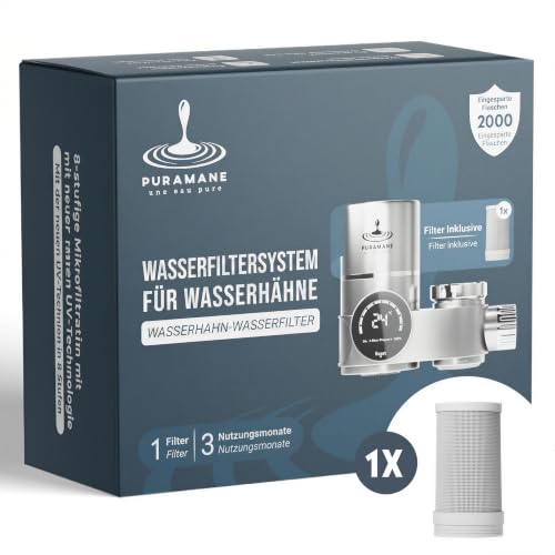 Puramane Water Filter Faucet with LED Display, Activated Carbon, 1 Filter Cartridge | French brand, LED display, UV water filter, instant anti-limescale filter, system with a filter cartridge
