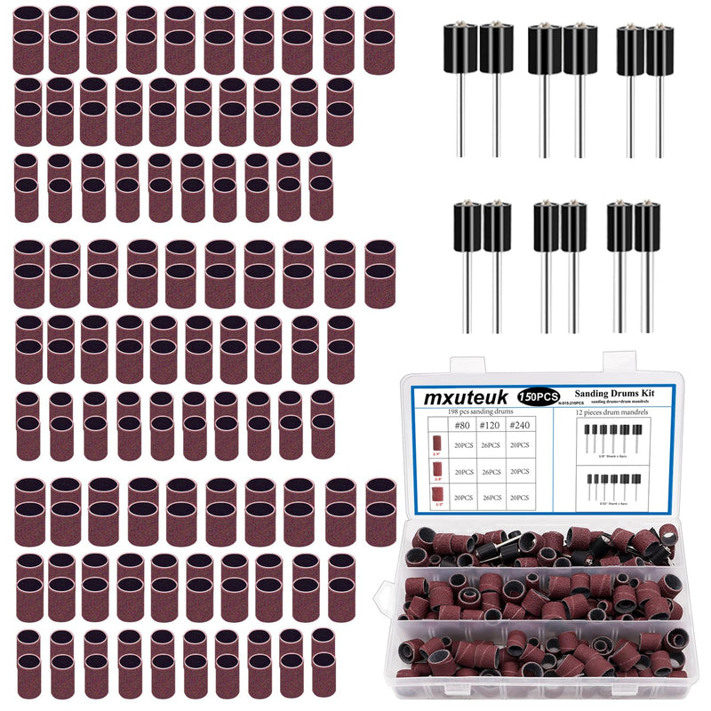 mxuteuk Sanding Drum Set, Including 138 Pieces Aluminum Oxide 80 120 240Grit Drum Sanding Sleeves and 12 Pieces Drum Mandrels Sanding Drums with Box