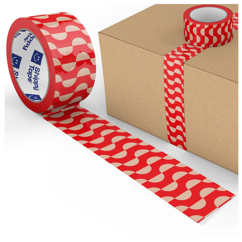 Printed Decorative Packing Tape for Small Business, Cute Designer Printed Packaging Tape, Shipping and Mailing, Red and Cream Geometric Wave Pattern, 1.88" x 110 Yards (330 feet) Geometric Wave Pattern - Cream/Red