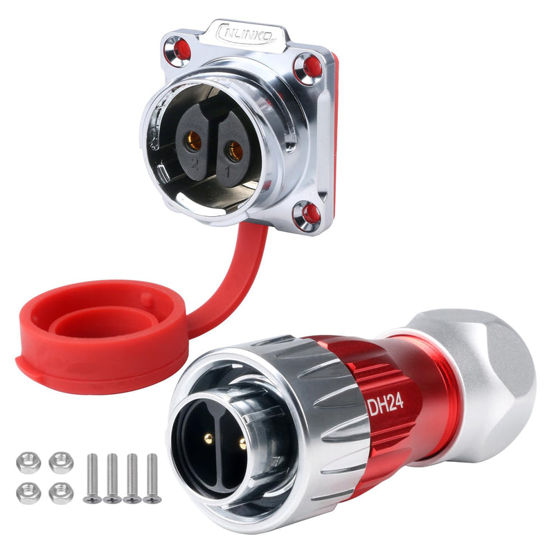 [Australia - AusPower] - CNLINKO DH-24 2 PIN Industrial Waterproof Connectors, IP68 Circular Connector, Hard Metal Anti-Interference Shell, Quick Plug Aviation Connector, M24 Panel Mount Flange Socket (2-Pin) 2-Pin 